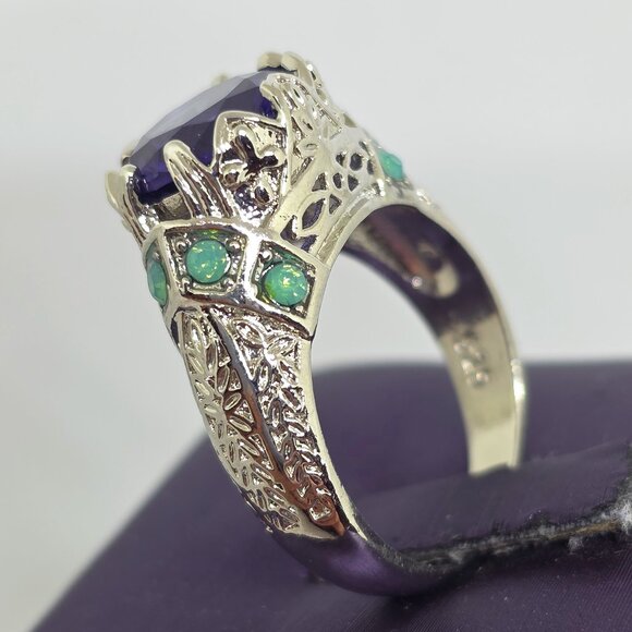 Faux Purple Amethyst Green Opal Filigree Silver Cocktail Ring Marked 925 SZ 7.25 - Picture 7 of 13